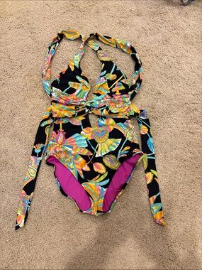 Trina Turk Black Floral One-Piece Swimsuit with Multicolor Print